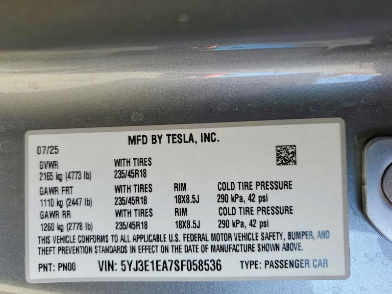 2025 Tesla Model 3 მანქანა იყიდება აუქციონზე, vin: 5YJ3E1EA7SF058536, აუქციონის ნომერი: 60259376