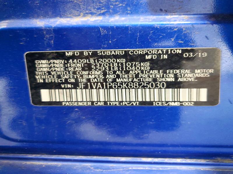 59663846 :رقم المزاد ، JF1VA1P65K8825030 vin ، 2019 Subaru Wrx مزاد بيع