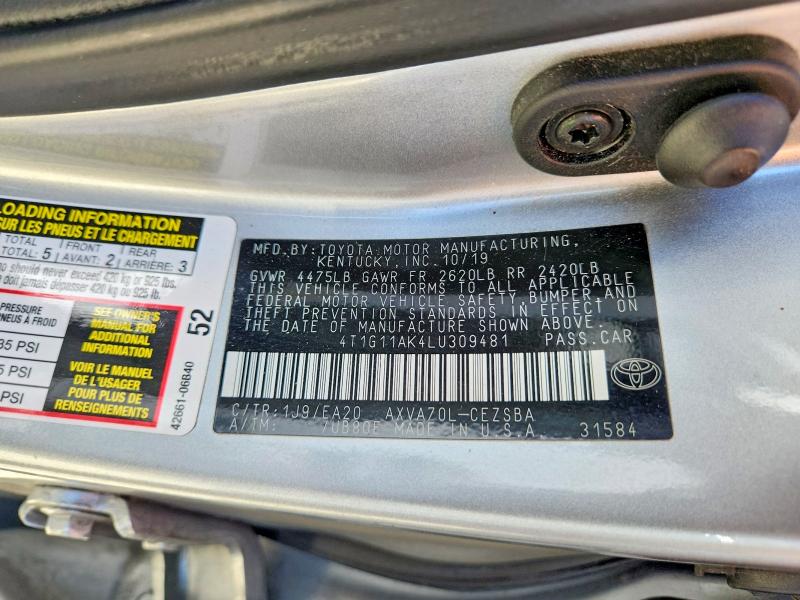 Продаж на аукціоні авто 2020 Toyota Camry, vin: 4T1G11AK4LU309481, номер лоту: 61020536