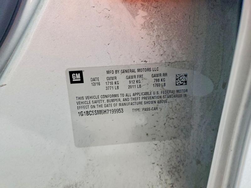 2017 Chevrolet Cruze მანქანა იყიდება აუქციონზე, vin: 1G1BC5SM6H7199953, აუქციონის ნომერი: 60209096