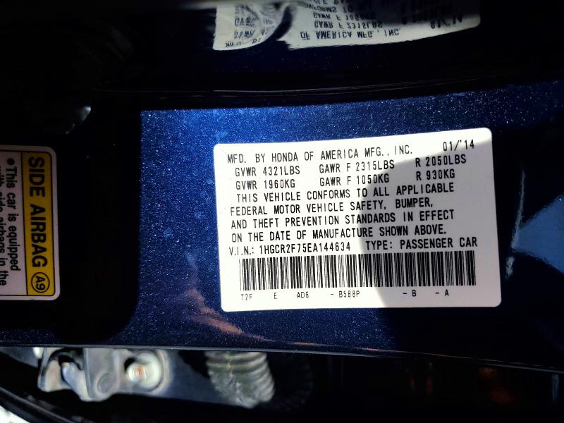 2014 Honda Accord მანქანა იყიდება აუქციონზე, vin: 1HGCR2F75EA144634, აუქციონის ნომერი: 60919326