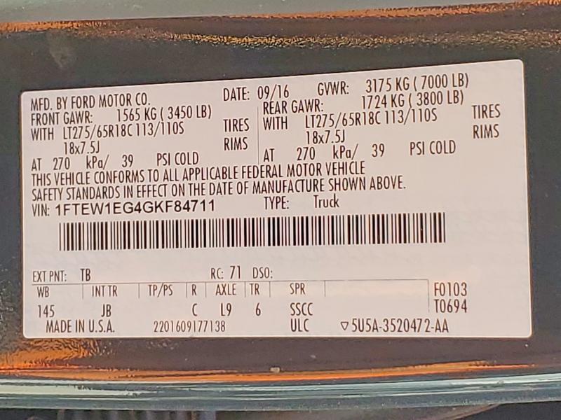 2016 Ford F150 მანქანა იყიდება აუქციონზე, vin: 1FTEW1EG4GKF84711, აუქციონის ნომერი: 59653386