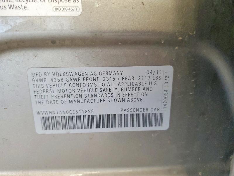 Aukcja sprzedaży 2012 Volkswagen Cc, vin: WVWHN7AN0CE511898, numer aukcji: 61025806