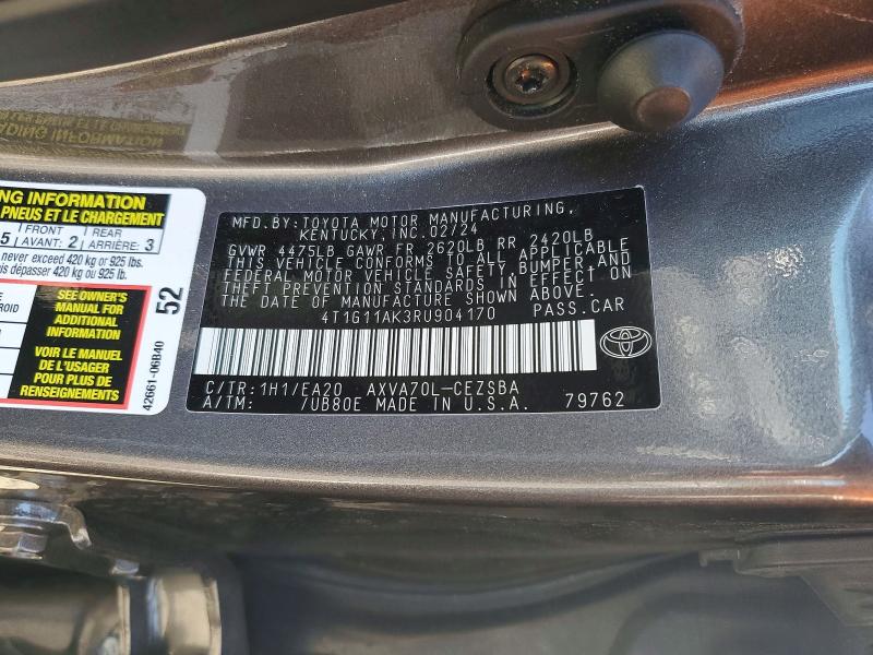 2024 Toyota Camry მანქანა იყიდება აუქციონზე, vin: 4T1G11AK3RU904170, აუქციონის ნომერი: 60885836