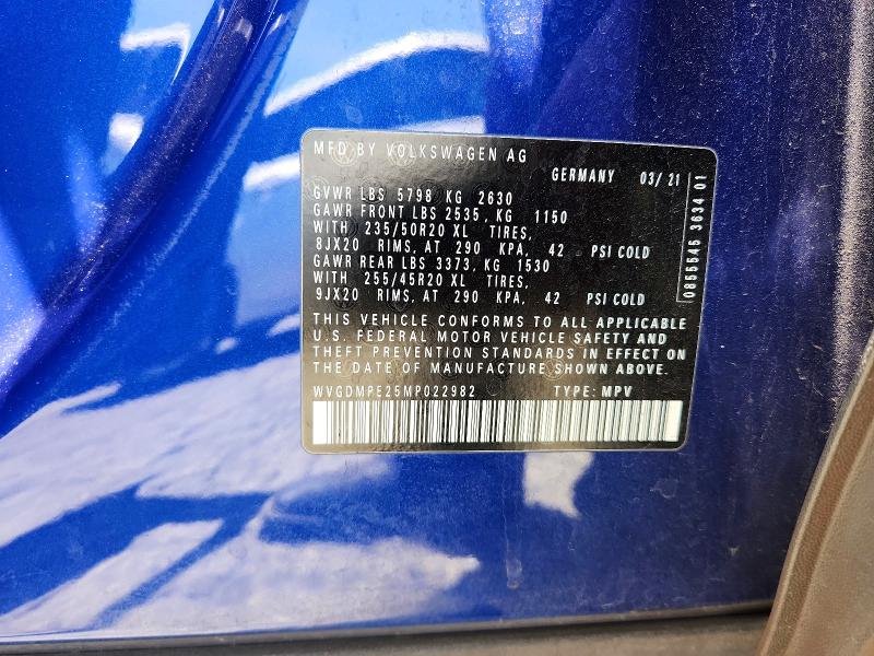 2021 Volkswagen Id.4 მანქანა იყიდება აუქციონზე, vin: WVGDMPE25MP022982, აუქციონის ნომერი: 62635146