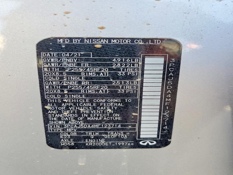 60082686 :رقم المزاد ، 3PCAJ5DA4MF123714 vin ، 2021 Infiniti Qx50 مزاد بيع