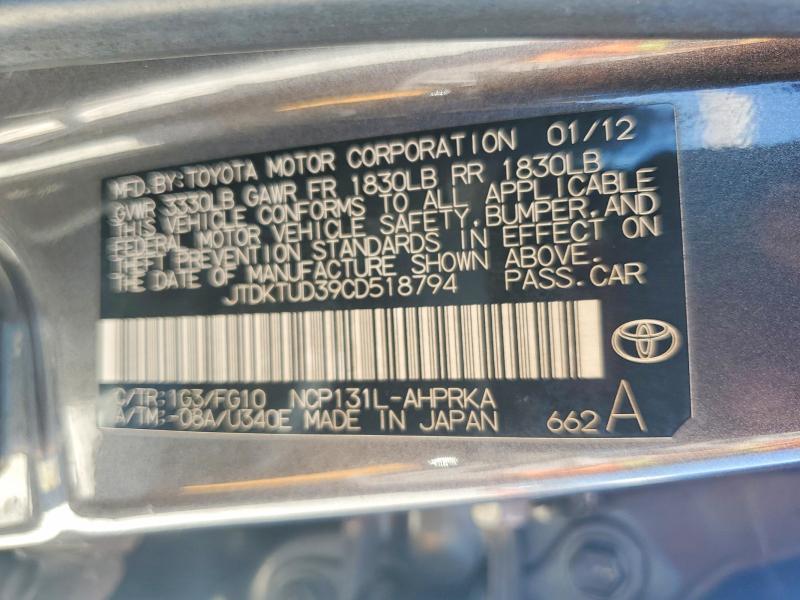 Aukcja sprzedaży 2012 Toyota Yaris, vin: JTDKTUD39CD518794, numer aukcji: 61940406