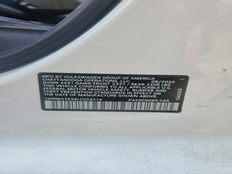 Auction sale of the 2020 Volkswagen Passat, vin: 1VWWA7A34LC024214, lot number: 60124156