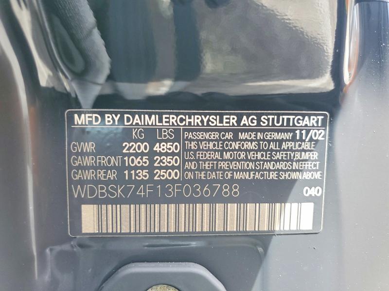 57699386 :رقم المزاد ، WDBSK74F13F036788 vin ، 2003 Mercedes-benz Sl مزاد بيع