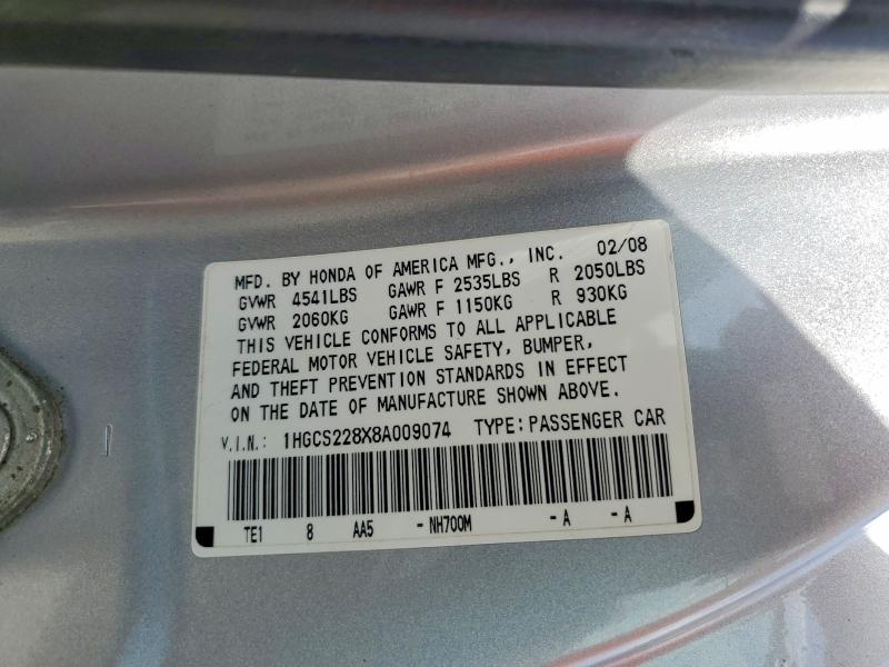 2008 Honda Accord მანქანა იყიდება აუქციონზე, vin: 1HGCS228X8A009074, აუქციონის ნომერი: 85610765