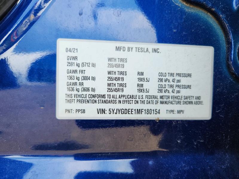 Aukcja sprzedaży 2021 Tesla Model Y, vin: 5YJYGDEE1MF180154, numer aukcji: 61917436