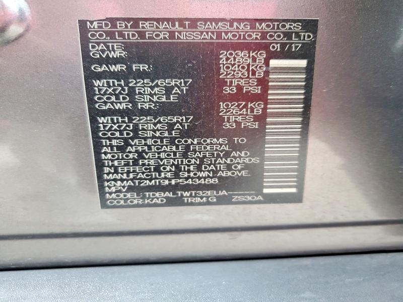 61738036 :رقم المزاد ، KNMAT2MT9HP543488 vin ، 2017 Nissan Rogue مزاد بيع