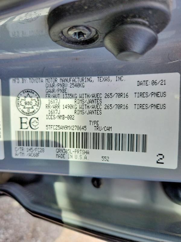 57668296 :رقم المزاد ، 5TFCZ5AN9MX278645 vin ، 2021 Toyota Tacoma مزاد بيع