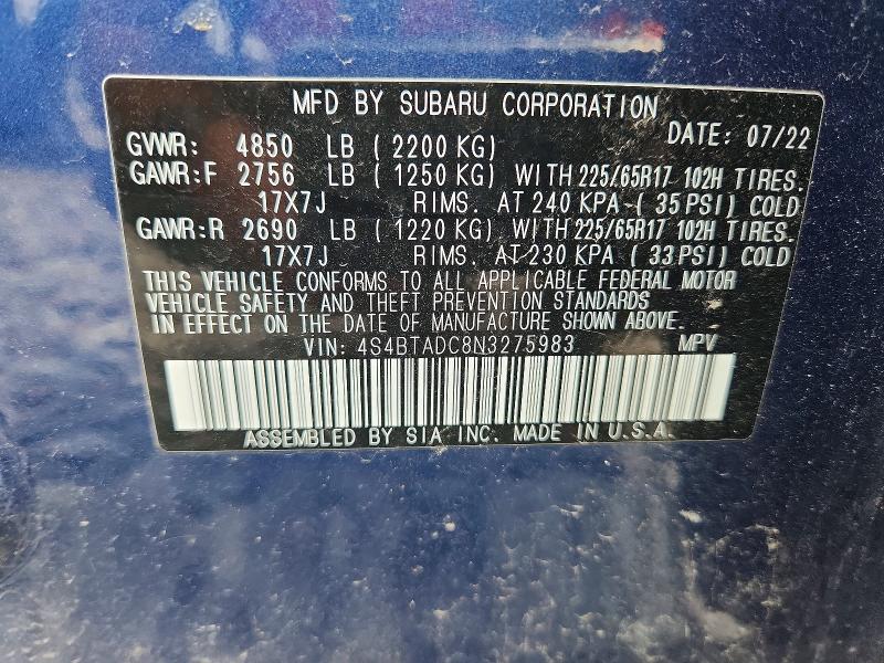 Aukcja sprzedaży 2022 Subaru Outback, vin: 4S4BTADC8N3275983, numer aukcji: 61882566