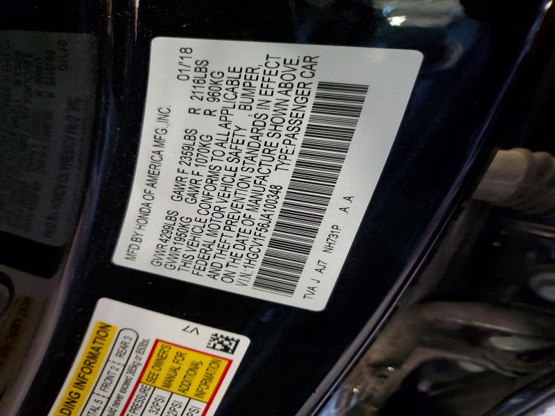 2018 Honda Accord მანქანა იყიდება აუქციონზე, vin: 1HGCV1F56JA100348, აუქციონის ნომერი: 59607226