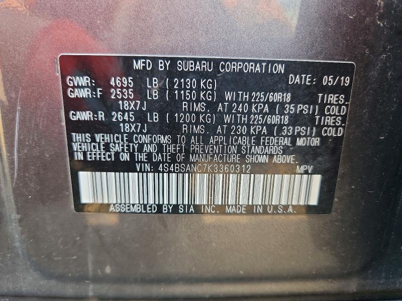 Продажа на аукционе авто 2019 Subaru Outback, vin: 4S4BSANC7K3360312, номер лота: 59999046