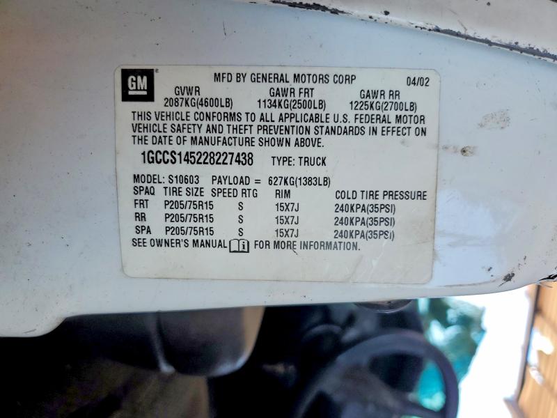 59745246 :رقم المزاد ، 1GCCS145228227438 vin ، 2002 Chevrolet S Truck مزاد بيع