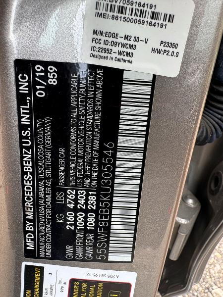 61435606 :رقم المزاد ، 55SWF8EB5KU305546 vin ، 2019 Mercedes-benz C مزاد بيع