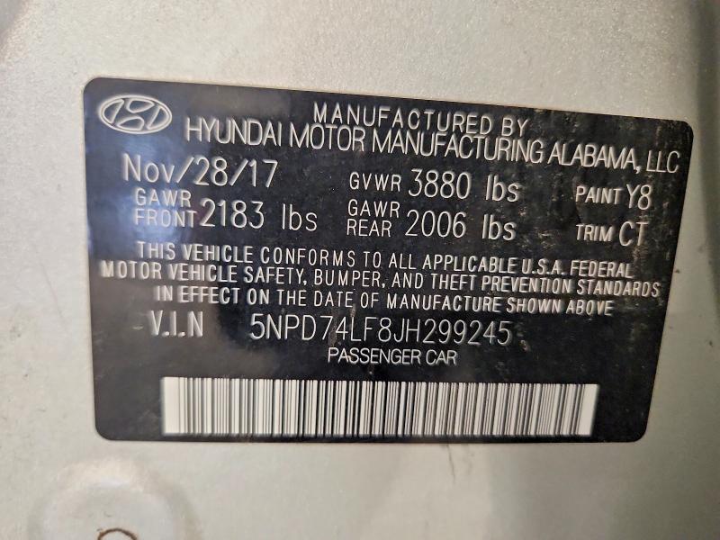 62074036 :رقم المزاد ، 5NPD74LF8JH299245 vin ، 2018 Hyundai Elantra مزاد بيع