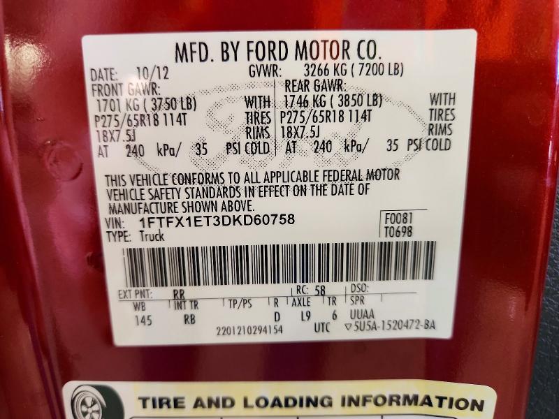 60409156 :رقم المزاد ، 1FTFX1ET3DKD60758 vin ، 2013 Ford F150 مزاد بيع