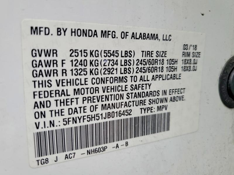 Продажа на аукционе авто 2018 Honda Pilot, vin: 5FNYF5H51JB016452, номер лота: 62780316