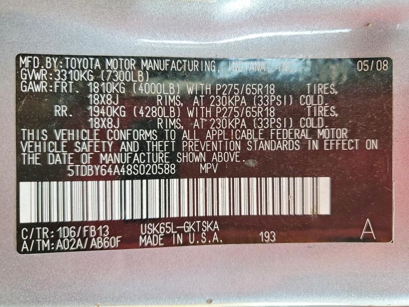 2008 Toyota Sequoia მანქანა იყიდება აუქციონზე, vin: 5TDBY64A48S020588, აუქციონის ნომერი: 60185186