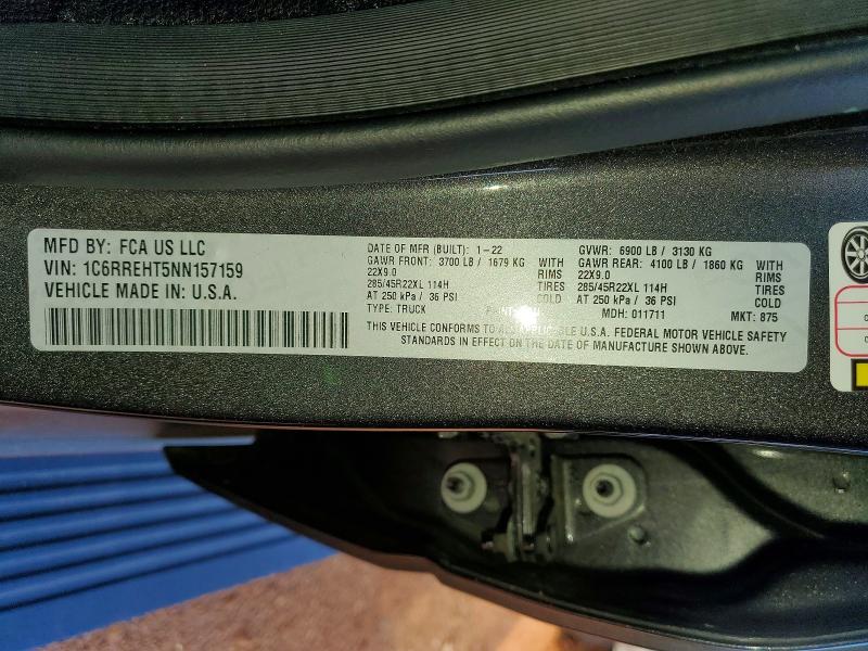 2022 Ram 1500 მანქანა იყიდება აუქციონზე, vin: 1C6RREHT5NN157159, აუქციონის ნომერი: 59161796