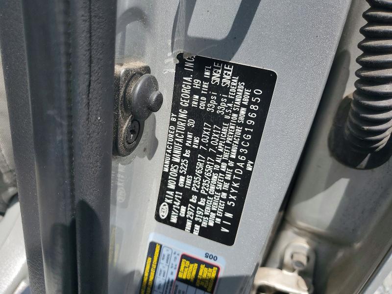 2012 Kia Sorento მანქანა იყიდება აუქციონზე, vin: 5XYKTDA63CG196850, აუქციონის ნომერი: 63024466