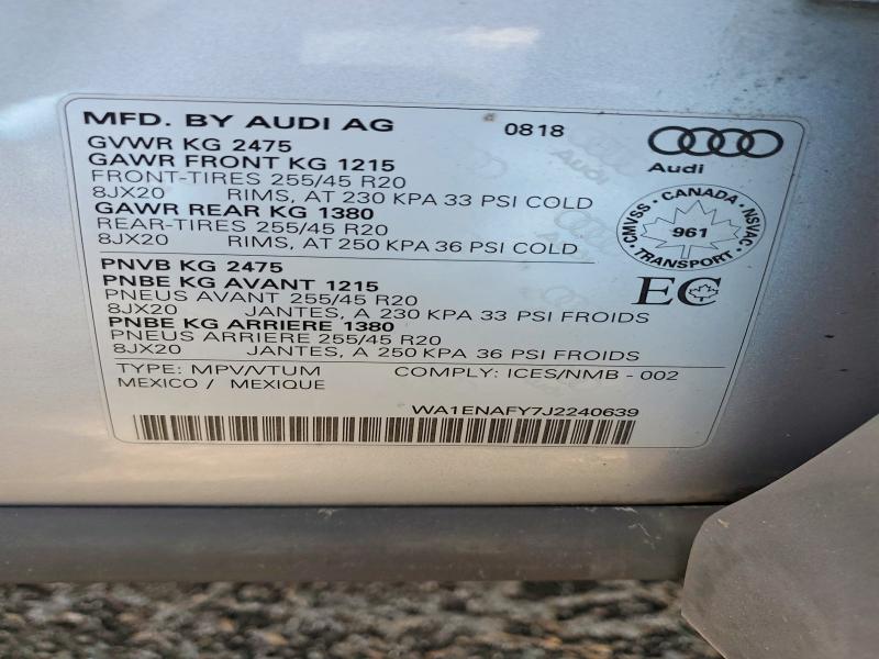 Aukcja sprzedaży 2018 Audi Q5, vin: WA1ENAFY7J2240639, numer aukcji: 61803176