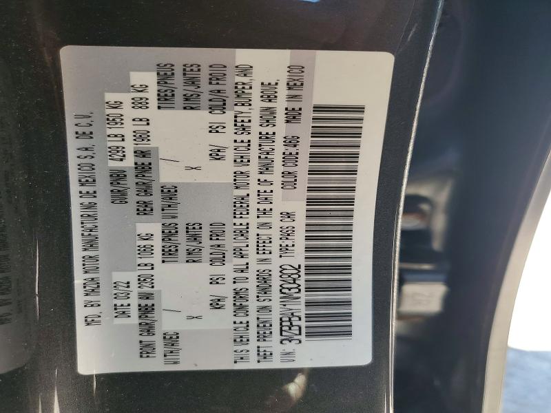 Aukcja sprzedaży 2022 Mazda 3, vin: 3MZBPBAY1NM304802, numer aukcji: 61854876