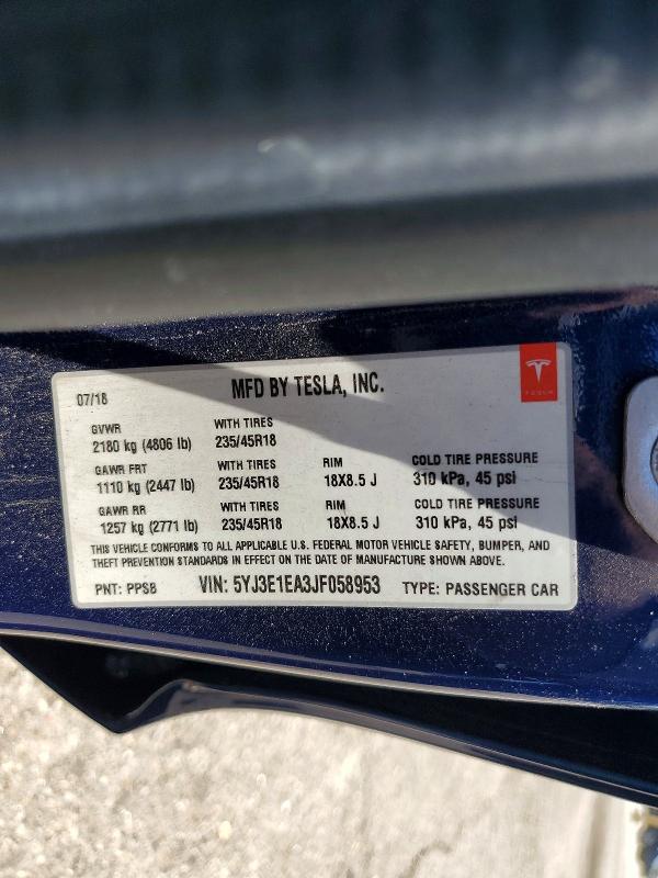 Aukcja sprzedaży 2018 Tesla Model 3, vin: 5YJ3E1EA3JF058953, numer aukcji: 63397216