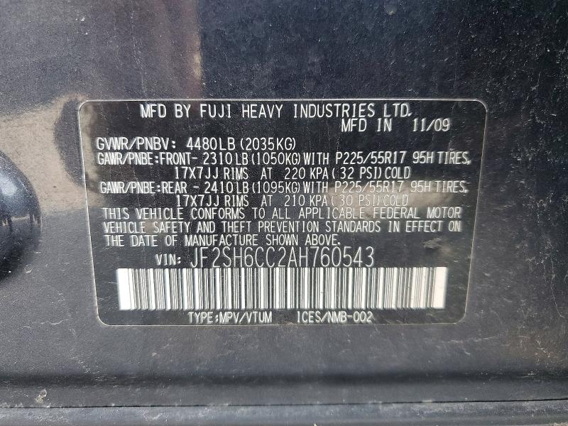 Aukcja sprzedaży 2010 Subaru Forester, vin: JF2SH6CC2AH760543, numer aukcji: 59916786