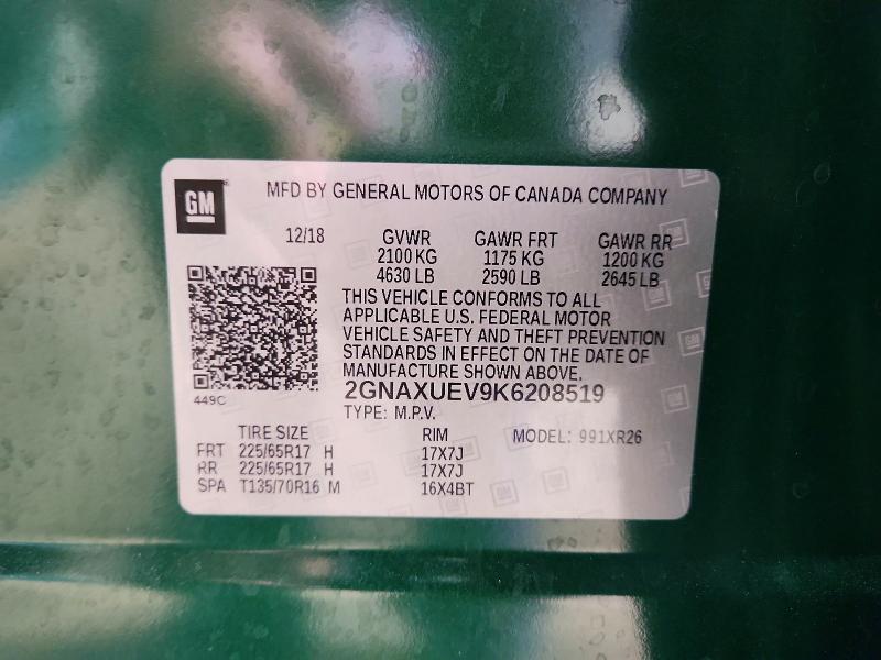 Aukcja sprzedaży 2019 Chevrolet Equinox, vin: 2GNAXUEV9K6208519, numer aukcji: 60579746