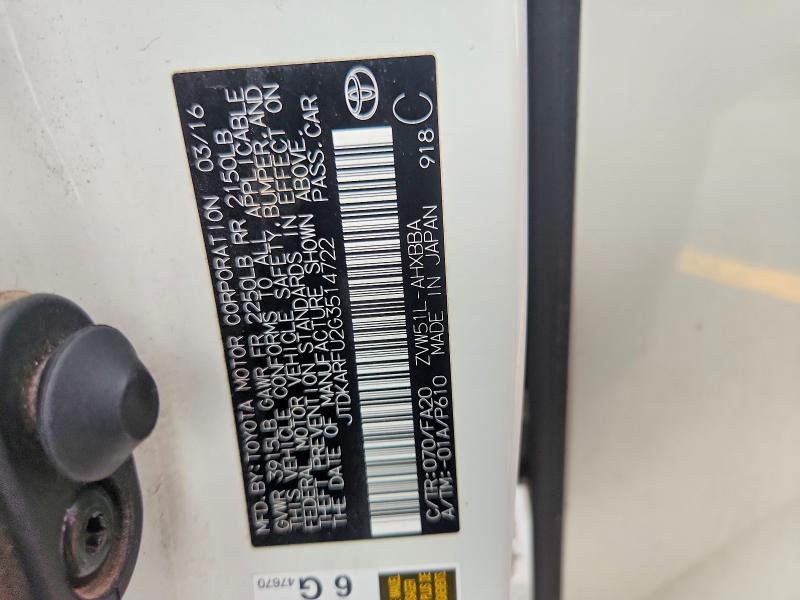 Aukcja sprzedaży 2016 Toyota Prius, vin: JTDKARFU2G3514722, numer aukcji: 62446386