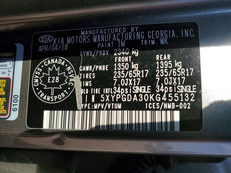 59779036 :رقم المزاد ، 5XYPGDA30KG455132 vin ، 2019 Kia Sorento مزاد بيع