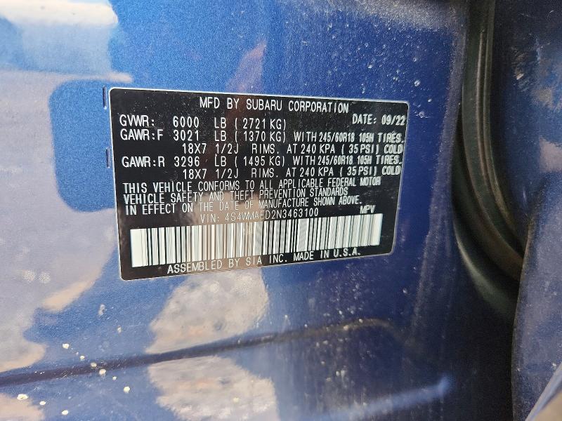 Aukcja sprzedaży 2022 Subaru Ascent, vin: 4S4WMAED2N3463100, numer aukcji: 62156756
