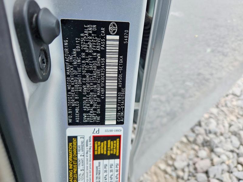 Aukcja sprzedaży 2012 Toyota Camry, vin: 4T4BF1FK0CR254456, numer aukcji: 62650606
