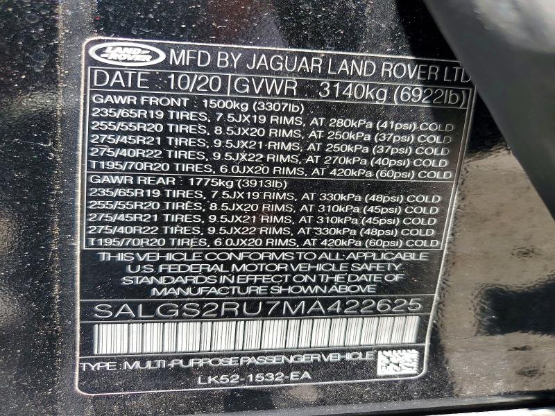 59780486 :رقم المزاد ، SALGS2RU7MA422625 vin ، 2021 Land Rover Range Rover مزاد بيع