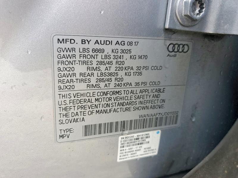 2018 Audi Q7 მანქანა იყიდება აუქციონზე, vin: WA1VAAF7XJD011332, აუქციონის ნომერი: 61082766