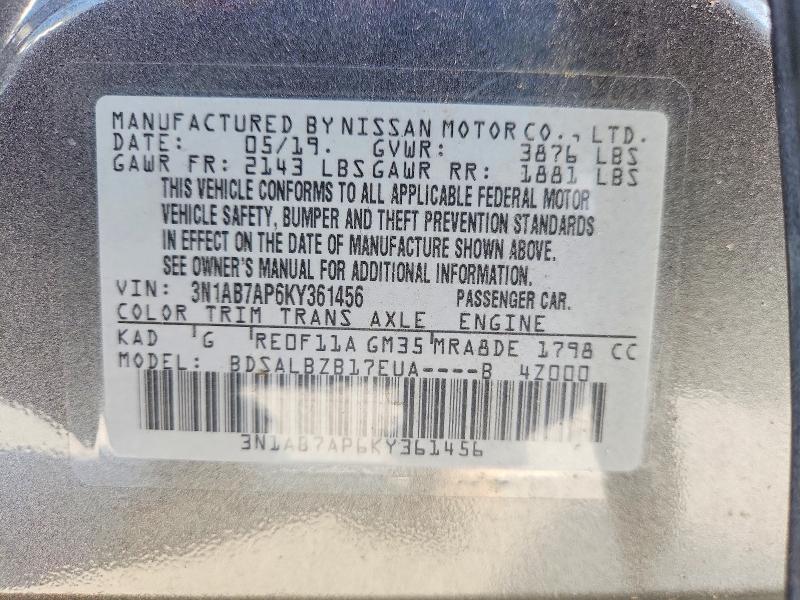 Auction sale of the 2019 Nissan Sentra, vin: 3N1AB7AP6KY361456, lot number: 62985296