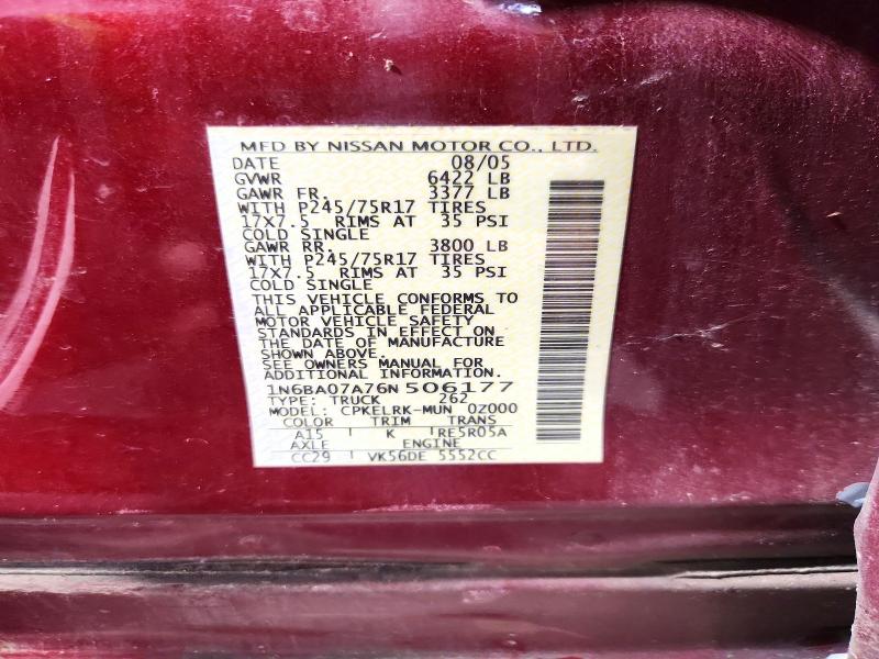 2006 Nissan Titan მანქანა იყიდება აუქციონზე, vin: 1N6BA07A76N506177, აუქციონის ნომერი: 59383016