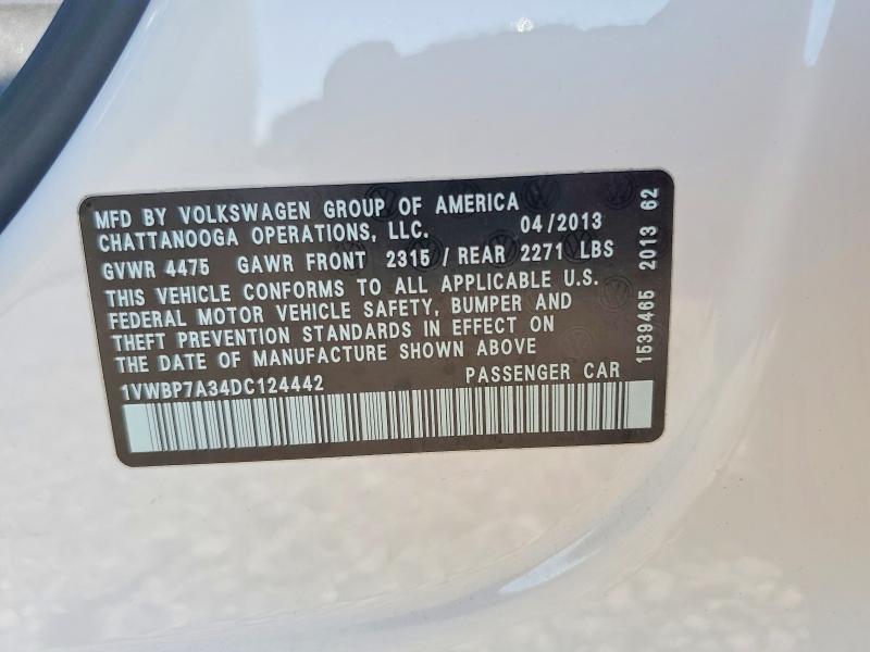 2013 Volkswagen Passat მანქანა იყიდება აუქციონზე, vin: 1VWBP7A34DC124442, აუქციონის ნომერი: 62954486