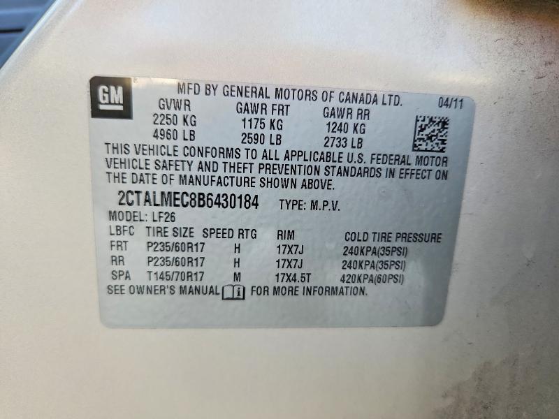 62825546 :رقم المزاد ، 2CTALMEC8B6430184 vin ، 2011 Gmc Terrain مزاد بيع