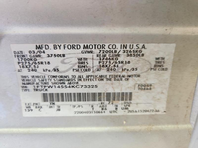 2004 Ford F150 მანქანა იყიდება აუქციონზე, vin: 1FTPW14554KC73325, აუქციონის ნომერი: 61731656