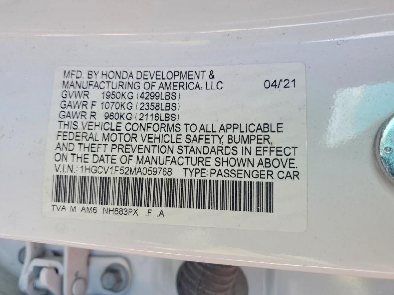 Aukcja sprzedaży 2021 Honda Accord, vin: 1HGCV1F52MA059768, numer aukcji: 58451406