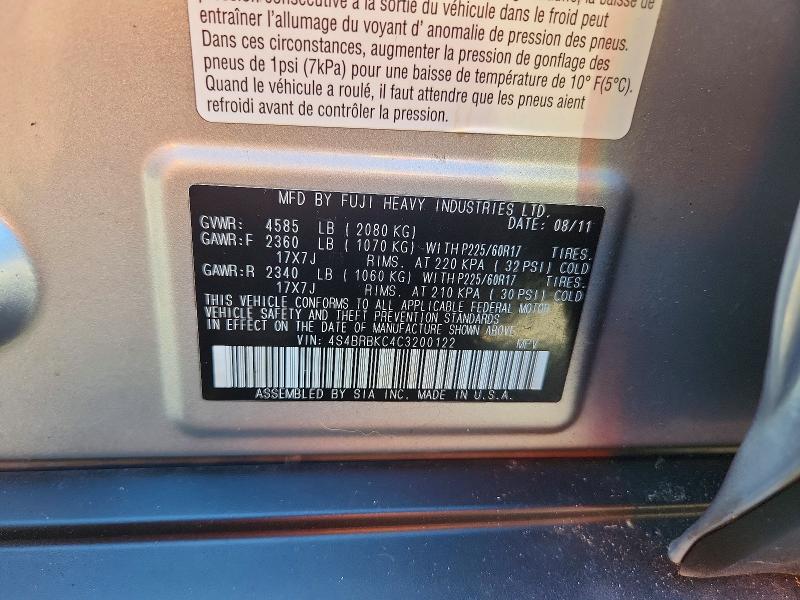 63253376 :رقم المزاد ، 4S4BRBKC4C3200122 vin ، 2012 Subaru Outback مزاد بيع