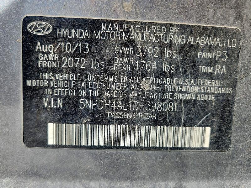59085476 :رقم المزاد ، 5NPDH4AE1DH398081 vin ، 2013 Hyundai Elantra مزاد بيع