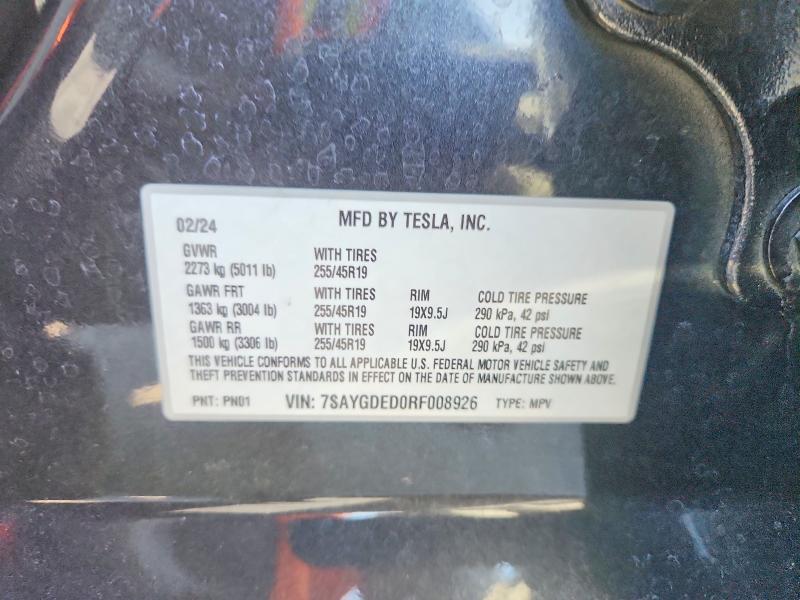 Продаж на аукціоні авто 2024 Tesla Model Y, vin: 7SAYGDED0RF008926, номер лоту: 62255396