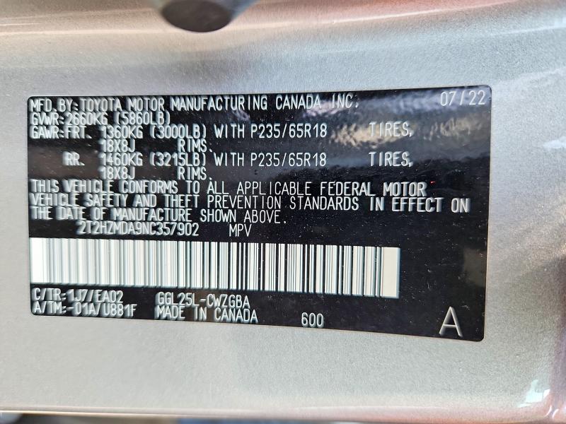 62075646 :رقم المزاد ، 2T2HZMDA9NC357902 vin ، 2022 Lexus Rx مزاد بيع