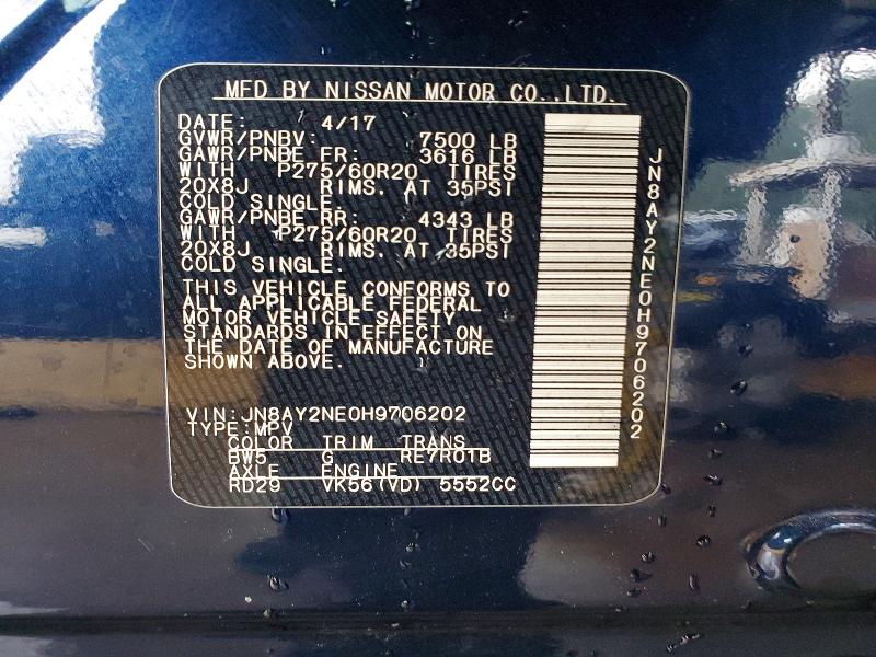 2017 Nissan Armada მანქანა იყიდება აუქციონზე, vin: JN8AY2NE0H9706202, აუქციონის ნომერი: 61636806